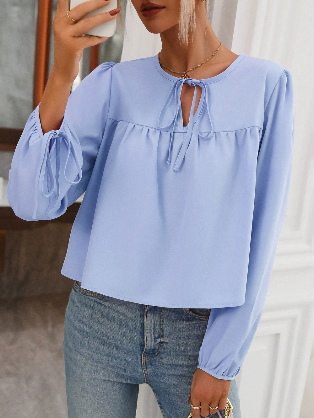 ZARA Casual Loose Puff Sleeve Tie Neck Blouse Spring Summer